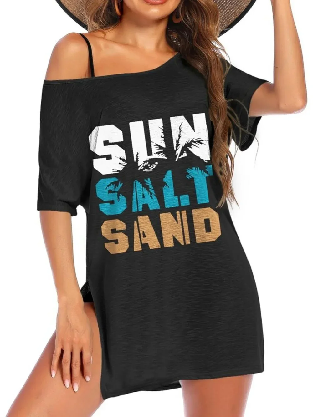 Women's Black Topical Leave Sleeve Cover Ups for Beach Bathing Suit Swimwear